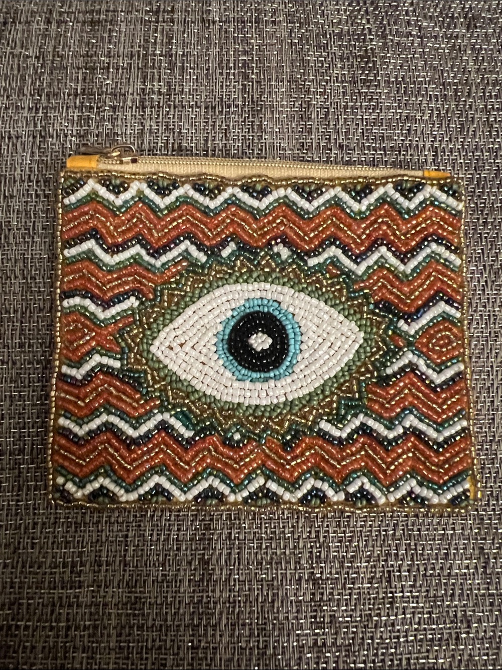 Beaded Evil Eye Zip Clutch Pouch - Turquoise, White & Brown